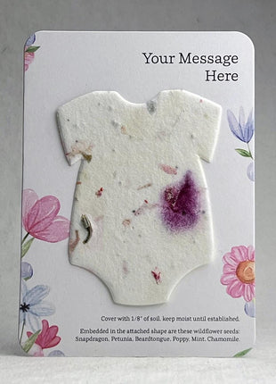 Custom, Personalized Baby Shower Favor - Card 3.5" x 4.875" w/ Seed Paper Bodysuit 2.5" x 3.25" - Choose Print and Paper Color - Set of 8