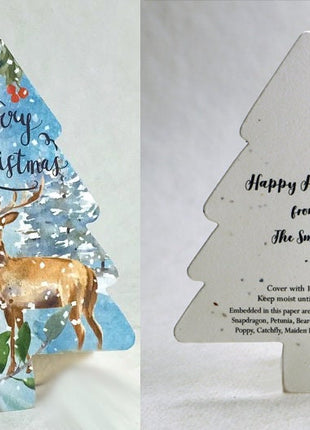 Custom Personalized Tree Shape - Holiday Woodland Art - Wildflower Seed Paper - 3.5" x 4.88" Flat Cards w/Envelopes