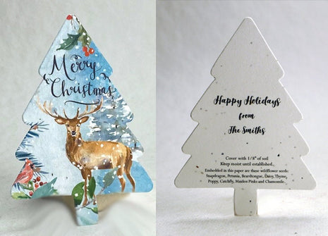 Custom Personalized Tree Shape - Holiday Woodland Art - Wildflower Seed Paper - 3.5" x 4.88" Flat Cards w/Envelopes