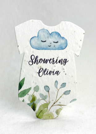 Custom, Personalized Infant Bodysuit  Shape - Showering Baby Name - For Baby Shower - Wildflower Seed Paper 3" x 2"  - Set of 18