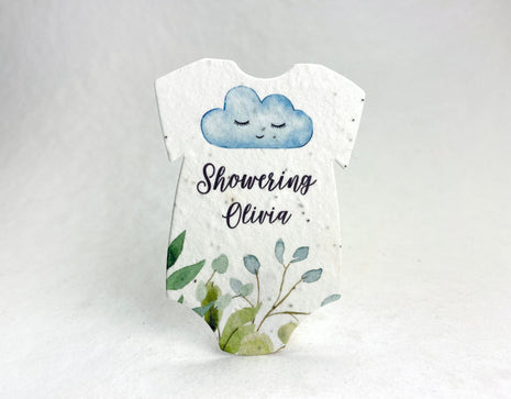 Custom, Personalized Infant Bodysuit  Shape - Showering Baby Name - For Baby Shower - Wildflower Seed Paper 3" x 2"  - Set of 18