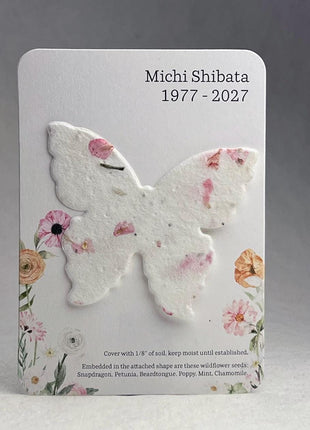 Custom, Personalized Memorial Favor - Card 3.5" x 4.875" w/ Seed Paper Butterfly 2.85" x 3" - Choose Print & Seed Paper Color - Set of 8