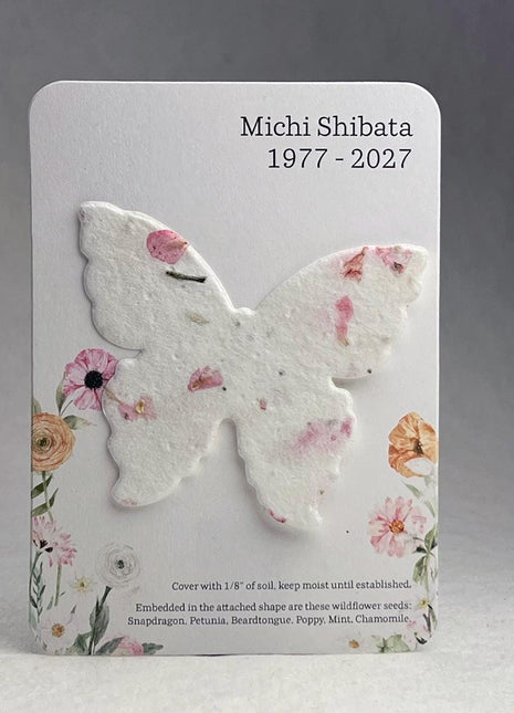 Custom, Personalized Memorial Favor - Card 3.5" x 4.875" w/ Seed Paper Butterfly 2.85" x 3" - Choose Print & Seed Paper Color - Set of 8