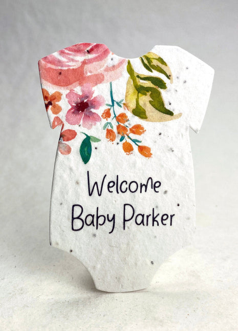 Custom, Personalized Infant Bodysuit Shape - Welcome Baby - Birth Announcement or Baby Shower - Wildflower Seed Paper - 3" x 2" - Set of 18
