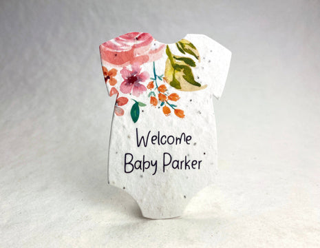 Custom, Personalized Infant Bodysuit Shape - Welcome Baby - Birth Announcement or Baby Shower - Wildflower Seed Paper 3" x 2"  - Set of 18