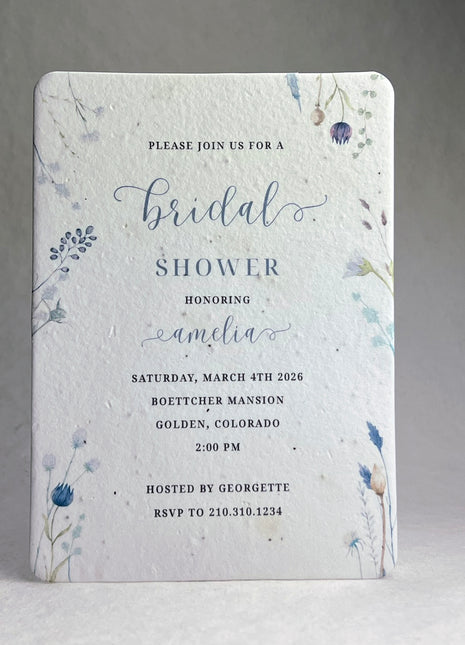 Handmade Seed Paper Bridal Shower Invitations - Watercolor Floral - 5" x 7" - Set of 4 w/ Envelopes
