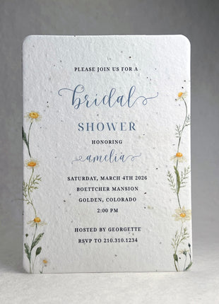 Handmade Seed Paper Bridal Shower Invitations - Watercolor Floral - 5" x 7" - Set of 4 w/ Envelopes