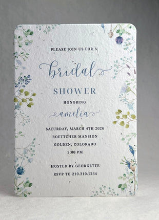 Handmade Seed Paper Bridal Shower Invitations - Watercolor Floral - 5" x 7" - Set of 4 w/ Envelopes