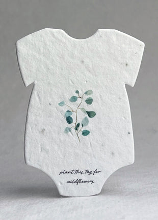 Custom Personalized Infant Bodysuit Shape with Floral Art | Birth Announcement or Baby Shower | Wildflower Seed Paper 3" x 2" | Set of 18