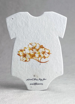 Custom Personalized Infant Bodysuit Shape with Floral Art | Birth Announcement or Baby Shower | Wildflower Seed Paper 3" x 2" | Set of 18