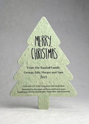 Personalized Tree Shape Holiday Cards - Handmade Wildflower Seed Paper - 3.5" x 4.88" Flat Cards with Envelopes