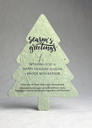 Personalized Tree Shape Holiday Cards - Handmade Wildflower Seed Paper - 3.5" x 4.88" Flat Cards with Envelopes