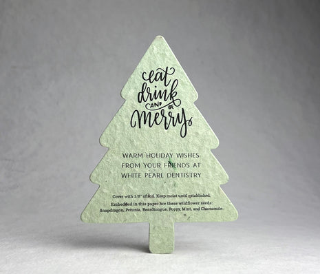 Personalized Tree Shape Holiday Cards - Handmade Wildflower Seed Paper - 3.5" x 4.88" Flat Cards with Envelopes