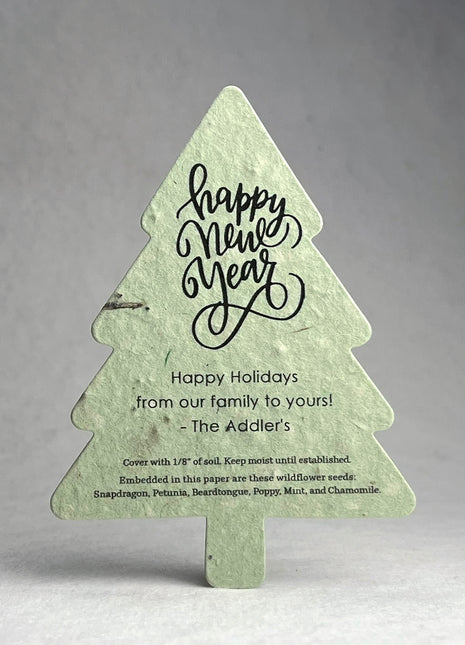 Personalized Tree Shape Holiday Cards - Handmade Wildflower Seed Paper - 3.5" x 4.88" Flat Cards with Envelopes