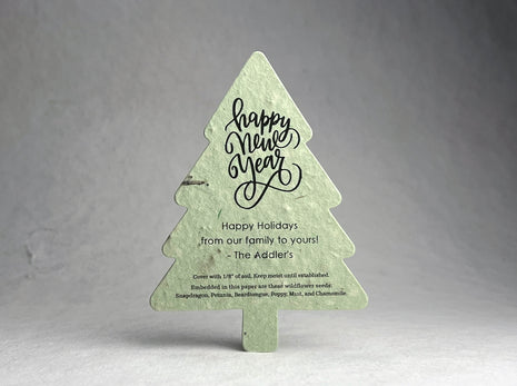Personalized Tree Shape Holiday Cards - Handmade Wildflower Seed Paper - 3.5" x 4.88" Flat Cards with Envelopes