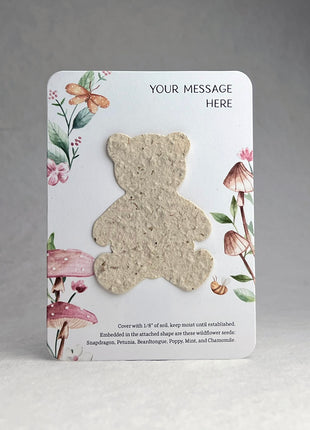 Custom, Personalized Favor - Recycled Card 3.5" x 4.875" With Seed Paper Teddy Bear 2" x 2.75" - Choose Print & Seed Paper Color - Set of 8