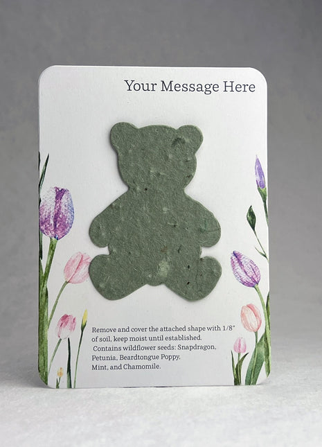 Custom, Personalized Favor - Recycled Card 3.5" x 4.875" With Seed Paper Teddy Bear 2" x 2.75" - Choose Print & Seed Paper Color - Set of 8