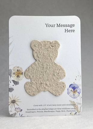 Custom, Personalized Favor - Recycled Card 3.5" x 4.875" With Seed Paper Teddy Bear 2" x 2.75" - Choose Print & Seed Paper Color - Set of 8