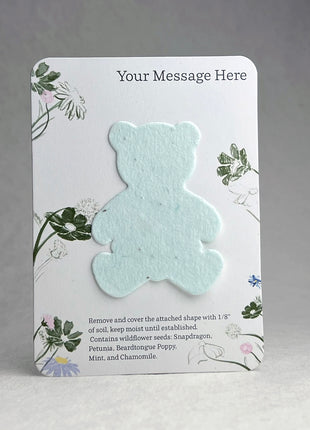 Custom, Personalized Favor - Recycled Card 3.5" x 4.875" With Seed Paper Teddy Bear 2" x 2.75" - Choose Print & Seed Paper Color - Set of 8