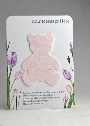 Custom, Personalized Favor - Recycled Card 3.5" x 4.875" With Seed Paper Teddy Bear 2" x 2.75" - Choose Print & Seed Paper Color - Set of 8