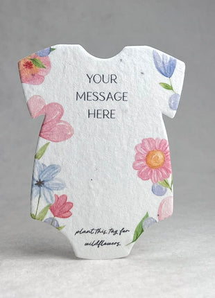 Custom, Personalized Infant Bodysuit Shape with Floral Art | Birth Announcement or Baby Shower | Wildflower Seed Paper 3" x 2" | Set of 18