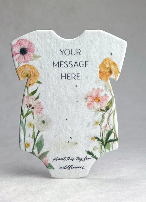Custom, Personalized Infant Bodysuit Shape with Floral Art | Birth Announcement or Baby Shower | Wildflower Seed Paper 3" x 2" | Set of 18