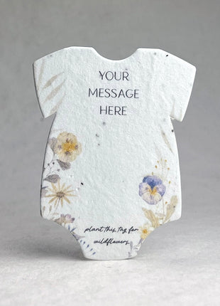 Custom, Personalized Infant Bodysuit Shape with Floral Art | Birth Announcement or Baby Shower | Wildflower Seed Paper 3" x 2" | Set of 18
