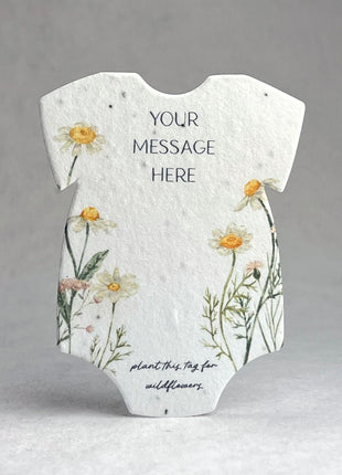 Custom, Personalized Infant Bodysuit Shape with Floral Art | Birth Announcement or Baby Shower | Wildflower Seed Paper 3" x 2" | Set of 18