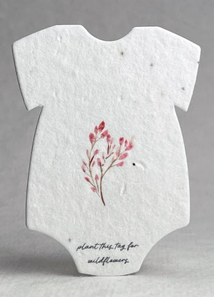 Custom Personalized Infant Bodysuit Shape with Floral Art | Birth Announcement or Baby Shower | Wildflower Seed Paper 3" x 2" | Set of 18