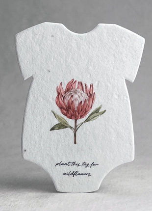 Custom Personalized Infant Bodysuit Shape with Floral Art | Birth Announcement or Baby Shower | Wildflower Seed Paper 3" x 2" | Set of 18
