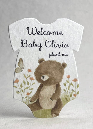 Custom, Personalized Infant Bodysuit Shape - Adorable Animals - Handmade Wildflower Seed Paper - 3.2" x 2.5" - Set of 18