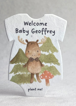 Custom, Personalized Infant Bodysuit Shape - Adorable Animals - Handmade Wildflower Seed Paper - 3.2" x 2.5" - Set of 18