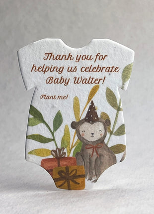 Custom, Personalized Infant Bodysuit Shape - Adorable Animals - Handmade Wildflower Seed Paper - 3.2" x 2.5" - Set of 18