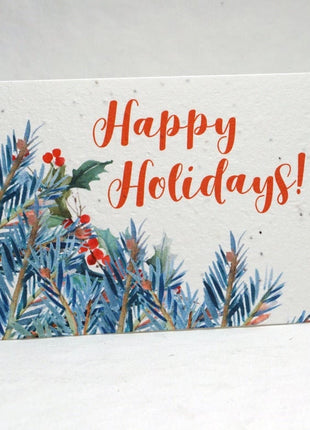 Holiday card with 'Happy Holidays!' text and winter foliage design on a white background