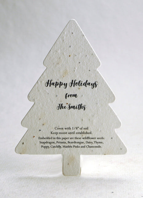 Tree-shaped plantable card with 'Happy Holidays from The Smiths' text on a white background