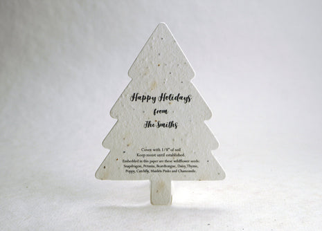 Tree-shaped plantable card with 'Happy Holidays from The Smiths' text on a white background