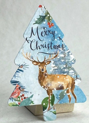 Decorative Christmas tree-shaped card with a deer and 'Merry Christmas' text on a light gray background.