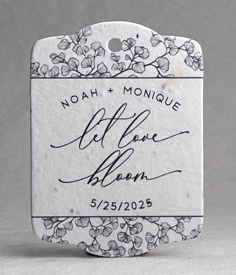 Personalized wedding favor tag with floral design and text on a whitebackground