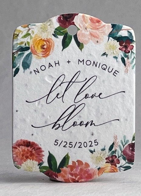 Floral design with text 'NOAH + MONIQUE let love bloom 5/25/2025' on a white background