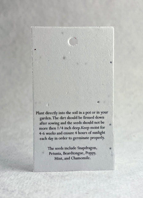 Seed paper tag with planting instructions on a white background