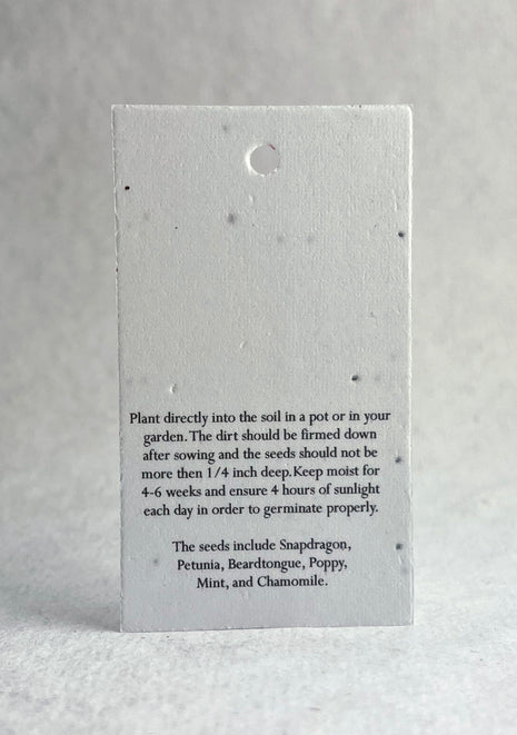 Seed paper tag with planting instructions on a white background