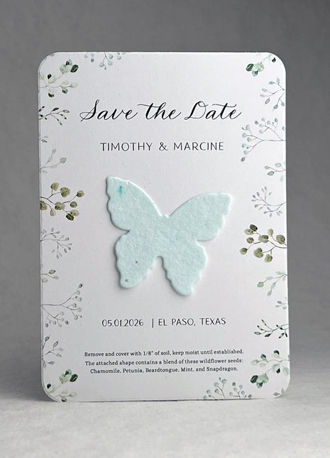 Save the Date - Card 3.5" x 4.875" With Seed Paper Butterfly 1.5" x 1.8" - Set of 8