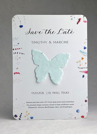 Save the Date - Card 3.5" x 4.875" With Seed Paper Butterfly 1.5" x 1.8" - Set of 8