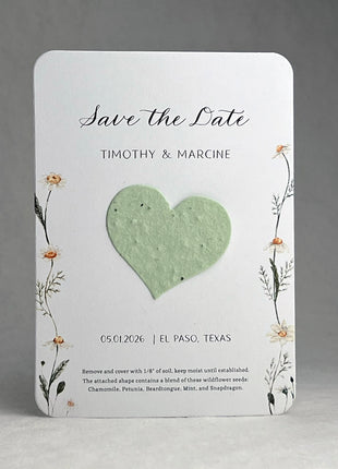 Save the Date - Card 3.5" x 4.875" With Seed Paper Heart 1.5" x 1.75" - Set of 8