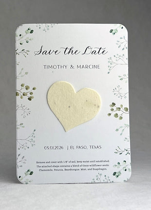 Save the Date - Card 3.5" x 4.875" With Seed Paper Heart 1.5" x 1.75" - Set of 8