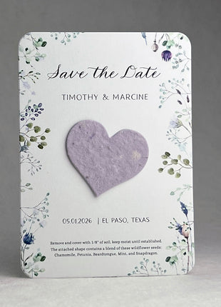 Save the Date - Card 3.5" x 4.875" With Seed Paper Heart 1.5" x 1.75" - Set of 8