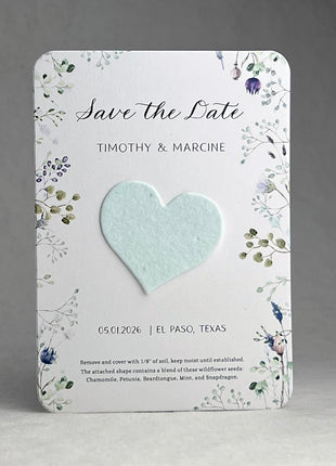 Save the Date - Card 3.5" x 4.875" With Seed Paper Heart 1.5" x 1.75" - Set of 8