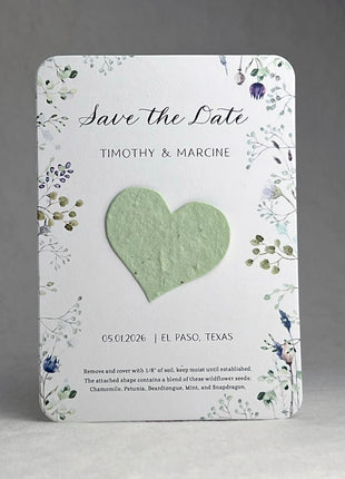 Save the Date - Card 3.5" x 4.875" With Seed Paper Heart 1.5" x 1.75" - Set of 8