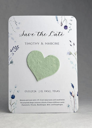 Save the Date - Card 3.5" x 4.875" With Seed Paper Heart 1.5" x 1.75" - Set of 8