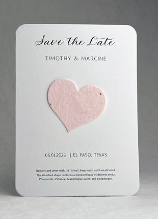 Save the Date - Card 3.5" x 4.875" With Seed Paper Heart 1.5" x 1.75" - Set of 8